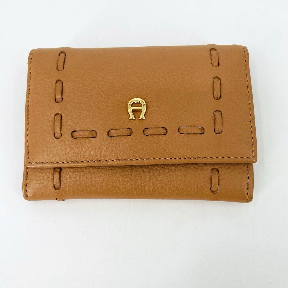 VTG Etienne Aigner Tan Leather Card Case Wallet Key Ring ID Window Whipstitch